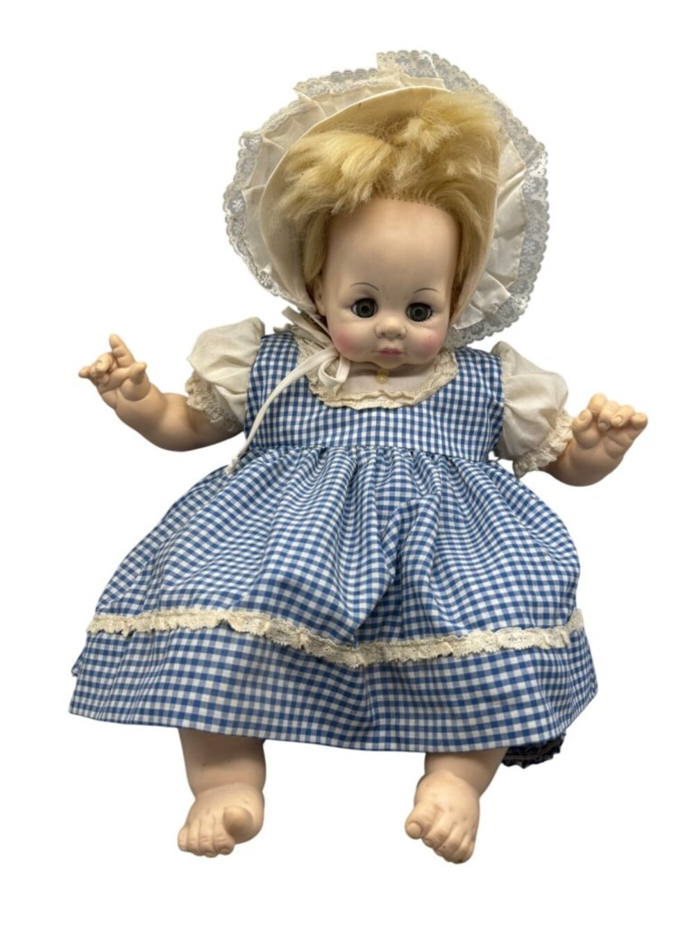 Vintage Baby Doll With Bonnet & Gingham Dress noise maker inside pail 22" READ